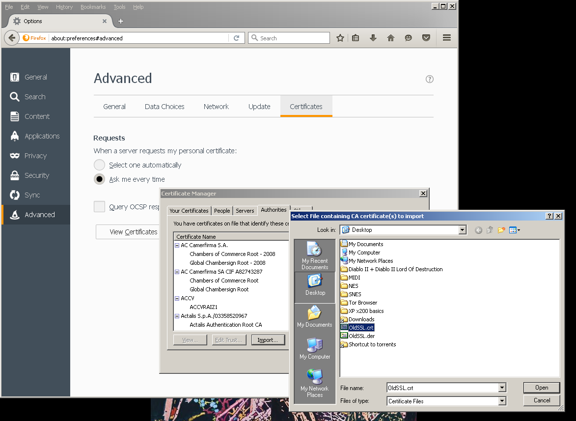 Firefox opened to certificate import pane