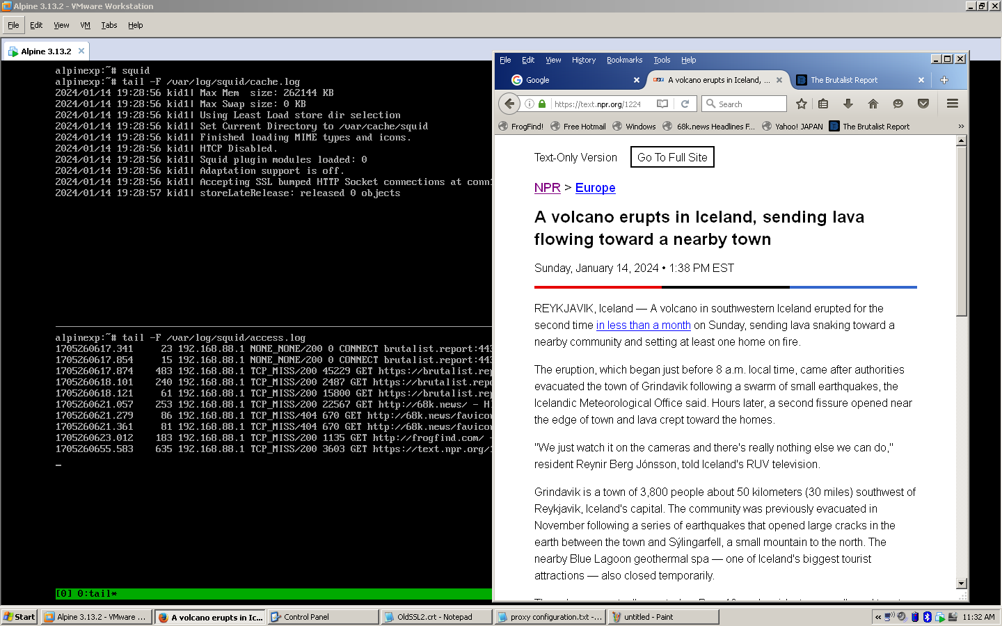 Screenshot of a windows xp machine with firefox. In the background is an Alpine Linux VM running squid proxy software